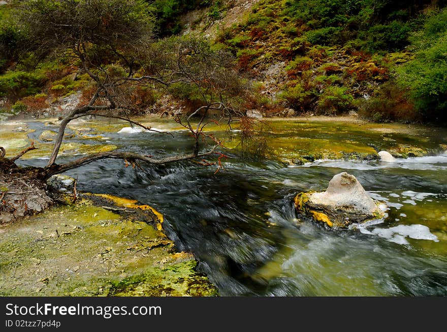 Hot Stream with mineral sediments, Waimangu Volcanic Valley, Rotorua, New Zealand