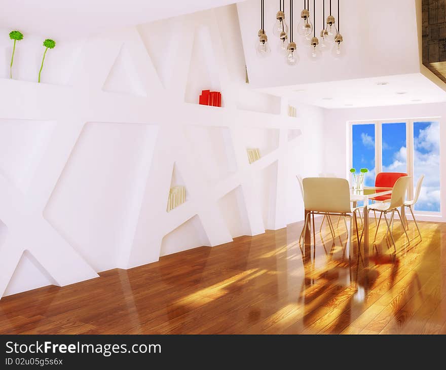 White dining room with red chair