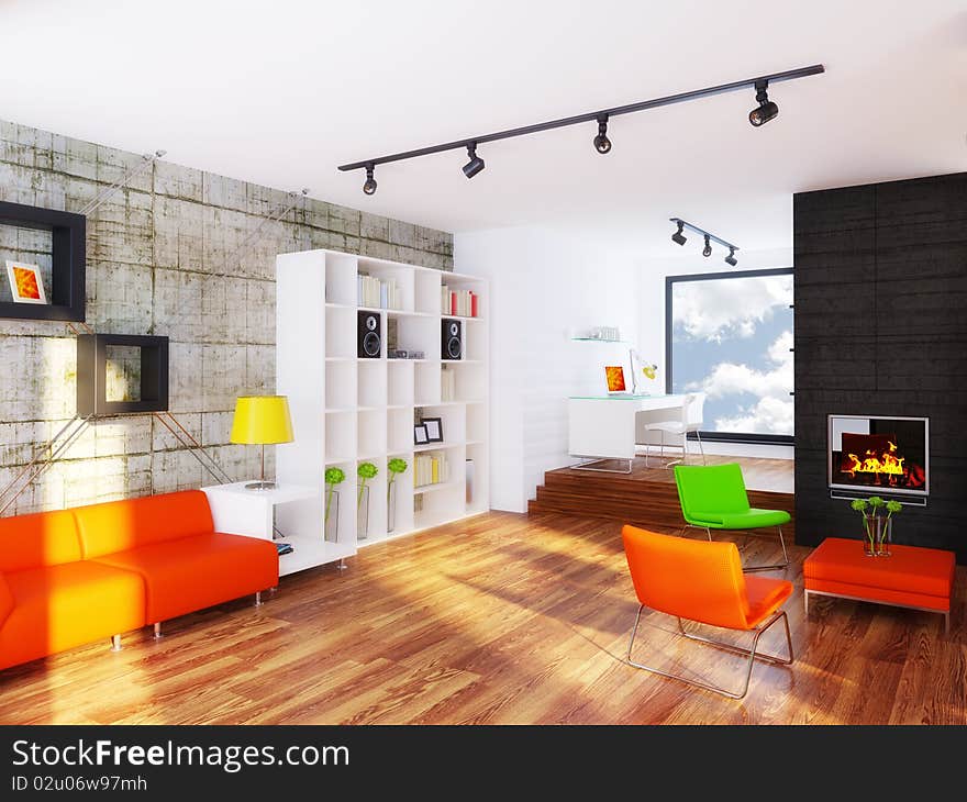 Modern interior room with orange furniture and concrete wall