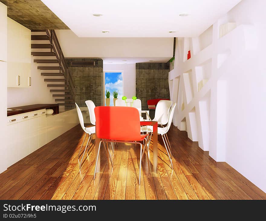 Modern dining room witn red and white furniture