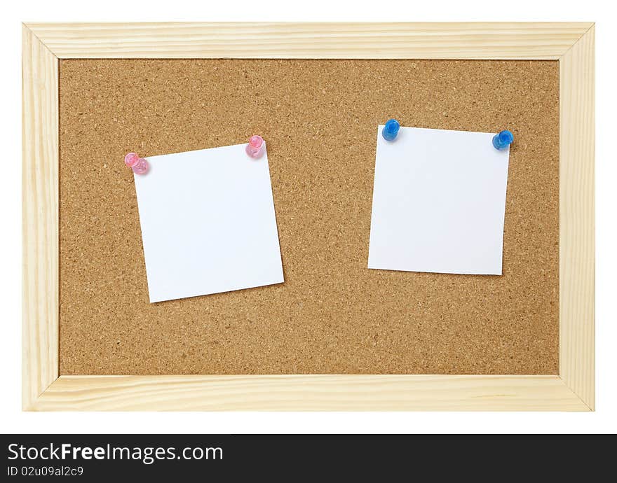 Blank papers on cork board isolated