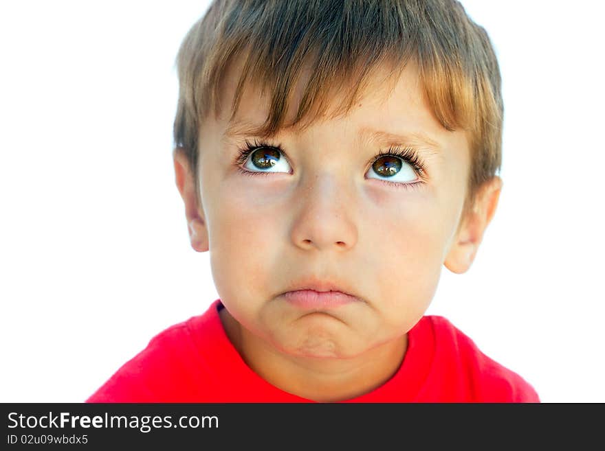 2-3 years child portrait looking thoughtful isolated on white background. 2-3 years child portrait looking thoughtful isolated on white background