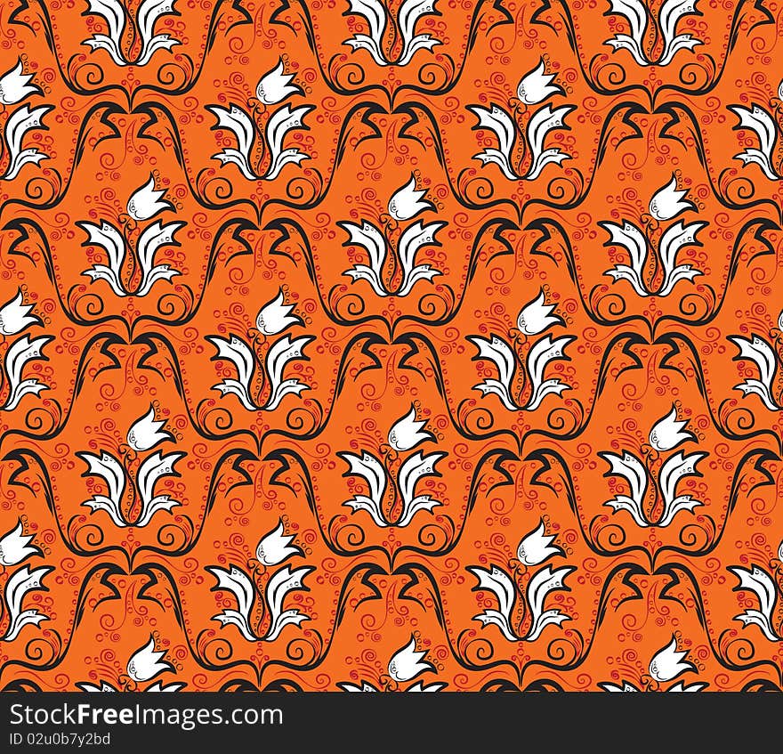 Seamless floral texture on orange background