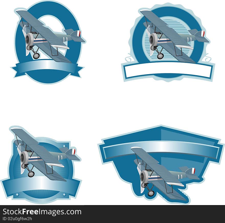 Collection of labels featuring a bi-wing airplane in cool colors. Collection of labels featuring a bi-wing airplane in cool colors.