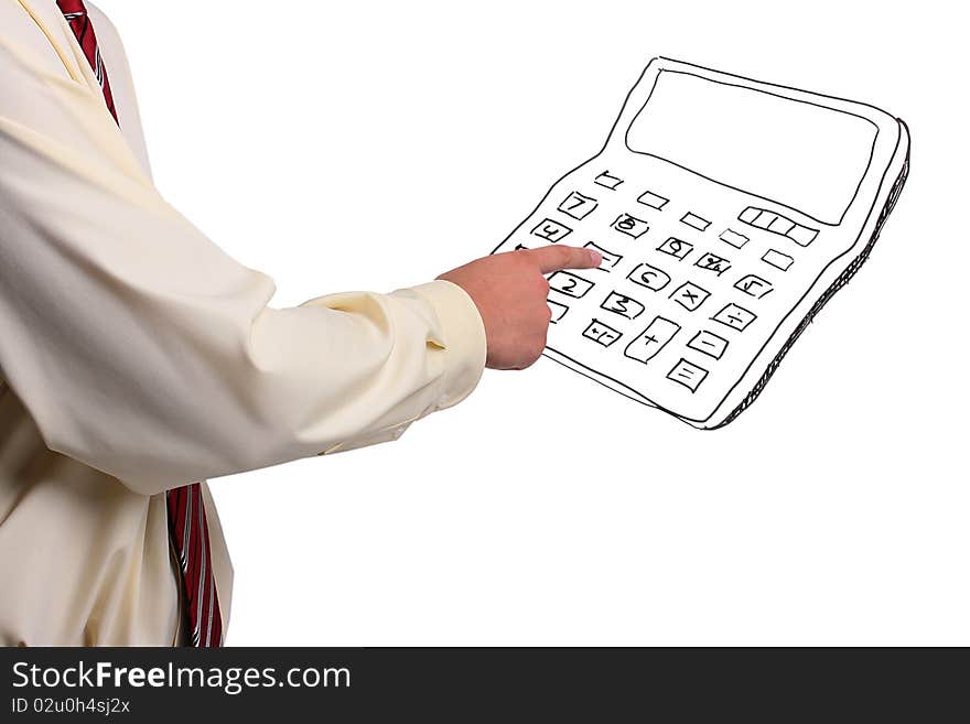 Man in a shirt and a tie pressing buttons on a drawn calculator. Add your text to the calculator. Man in a shirt and a tie pressing buttons on a drawn calculator. Add your text to the calculator.