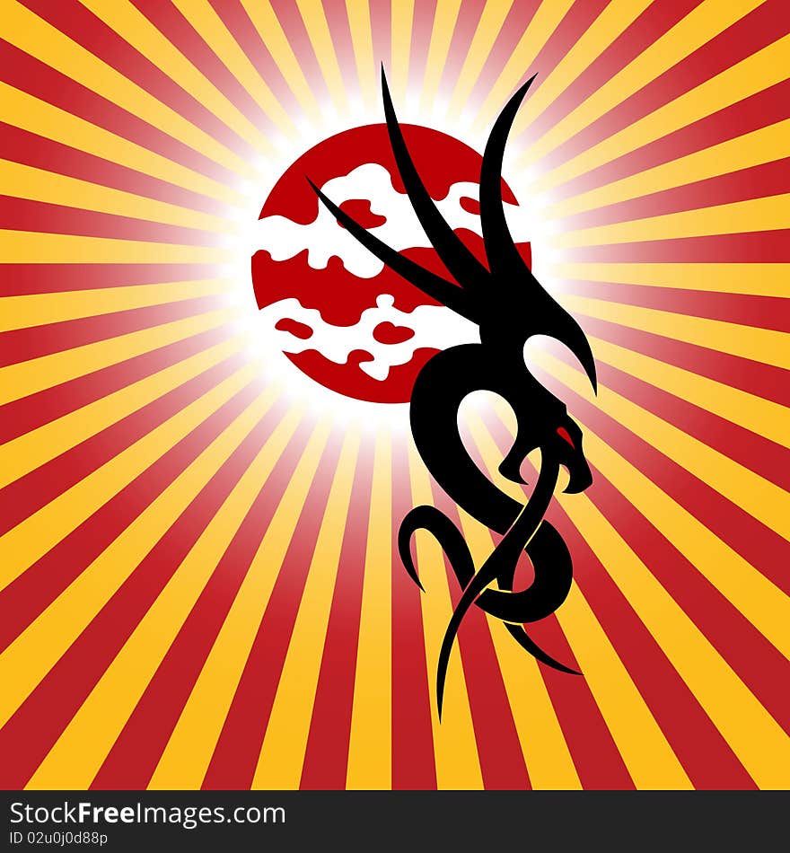 Chinese dragon and sun on a red background