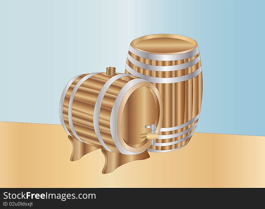 Old dark wooden barrels on light background