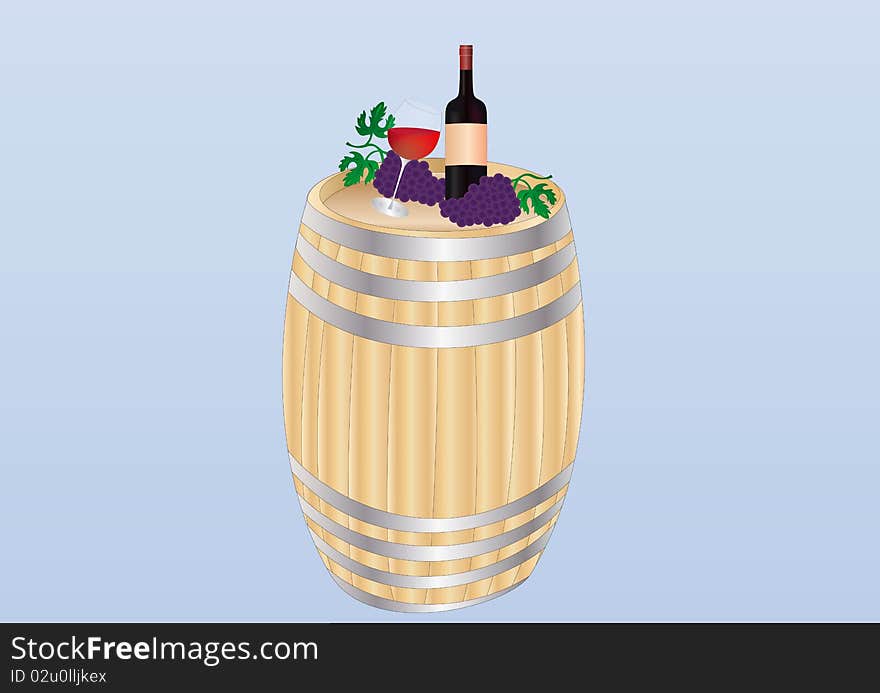 Red wine bottle, glass and bunch of grapes