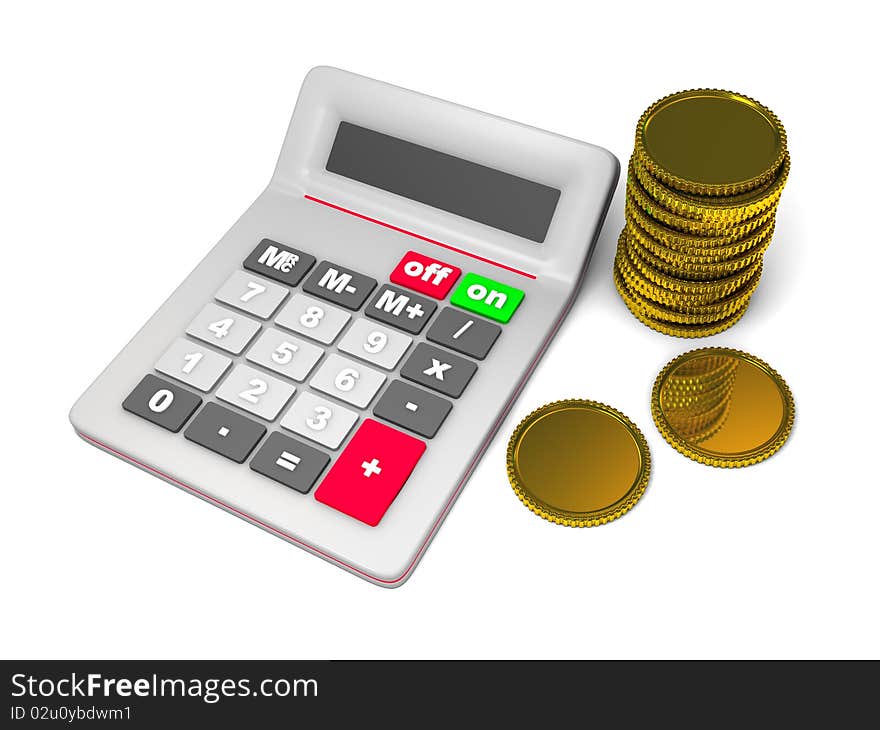 Calculatora and several golden coins on a white background. Calculatora and several golden coins on a white background