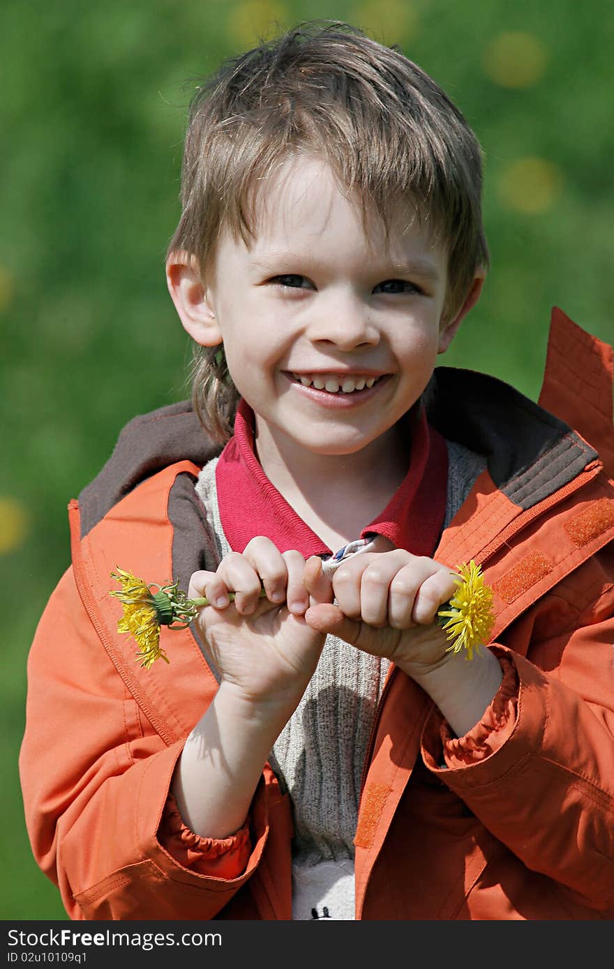 Young boy enjoy summer time in the dandelion meadow. Young boy enjoy summer time in the dandelion meadow.