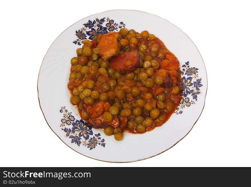 Cooked Peas With Bacon On Plate