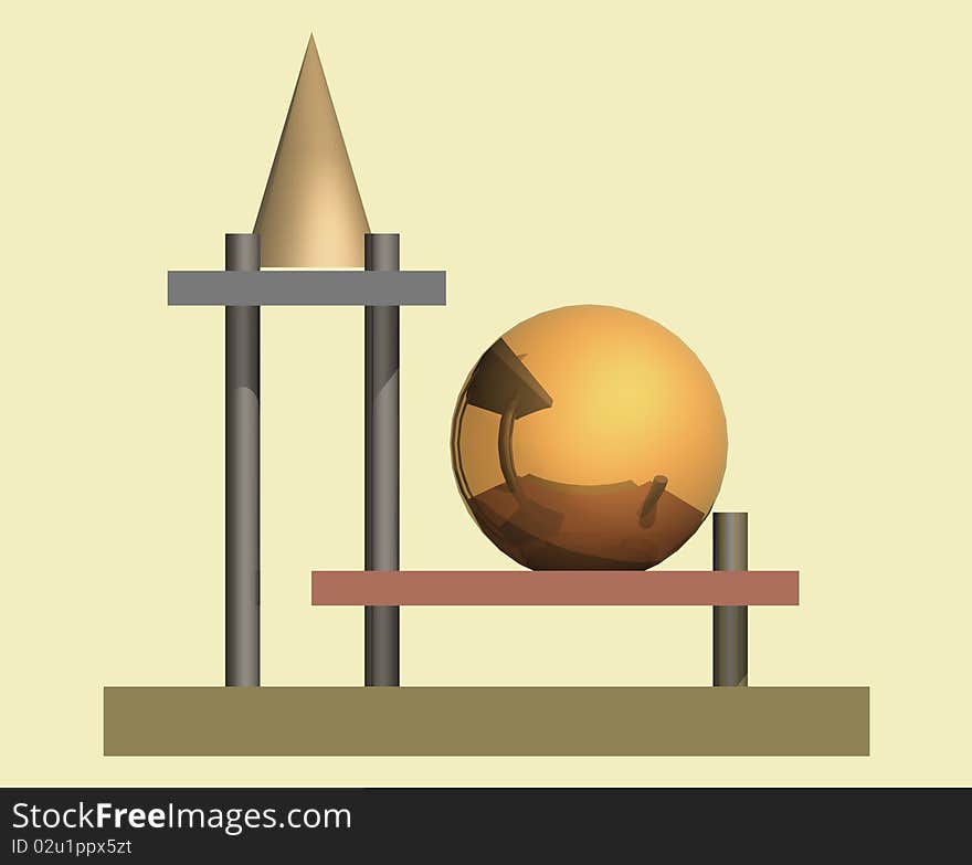 Metallic Volumetric Composition, with Cone, Sphere, Plaques & Columns, in frontal view. Metallic Volumetric Composition, with Cone, Sphere, Plaques & Columns, in frontal view.