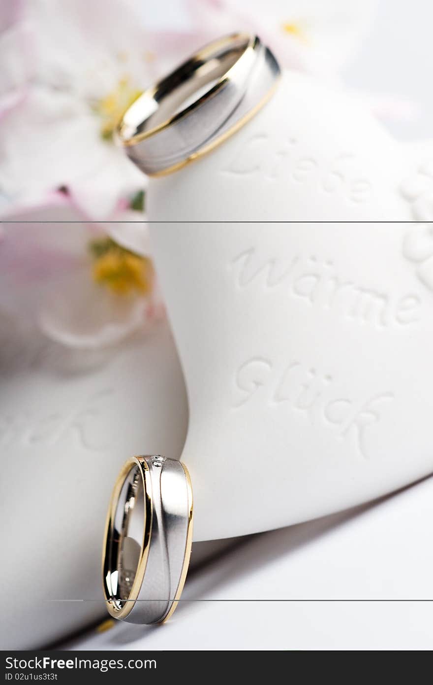 Two wedding rings with flowers in the background