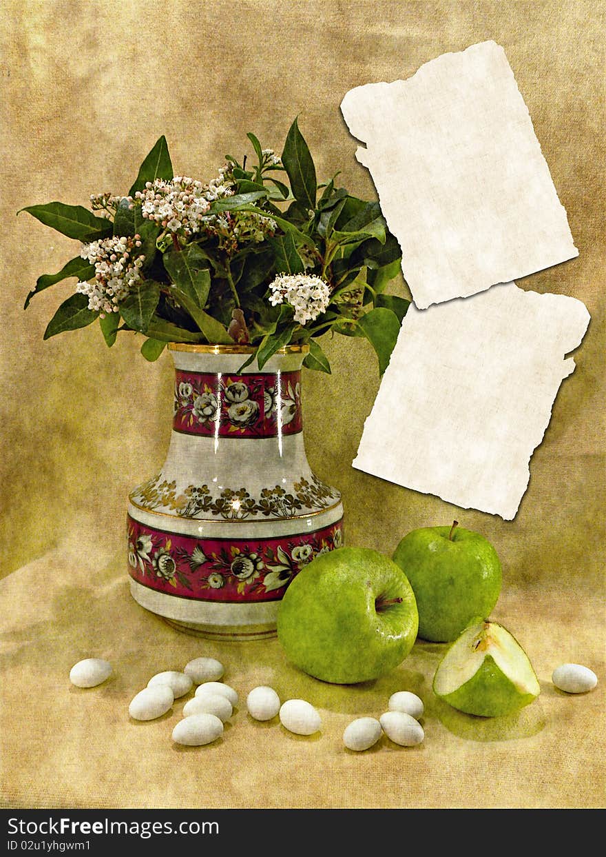 Vintage card with flowers in a vase, apples and almonds in sugar icing