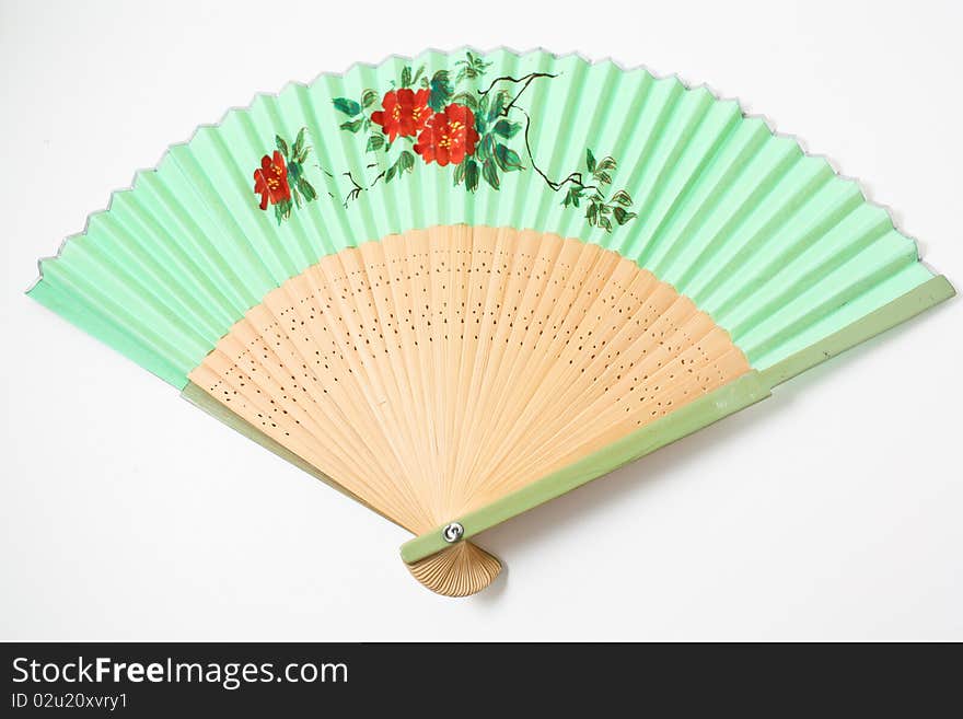 Green chinese paper fan with flower art work