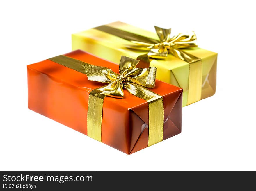 Christmas Time,Gift box with golden ribbon,isolated on the white background