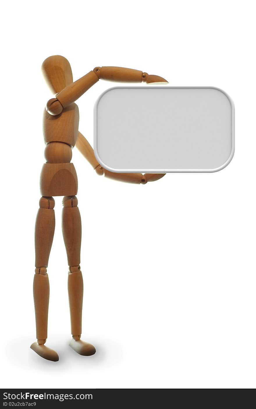 Wooden Mannequin holds a neutral grey blank board