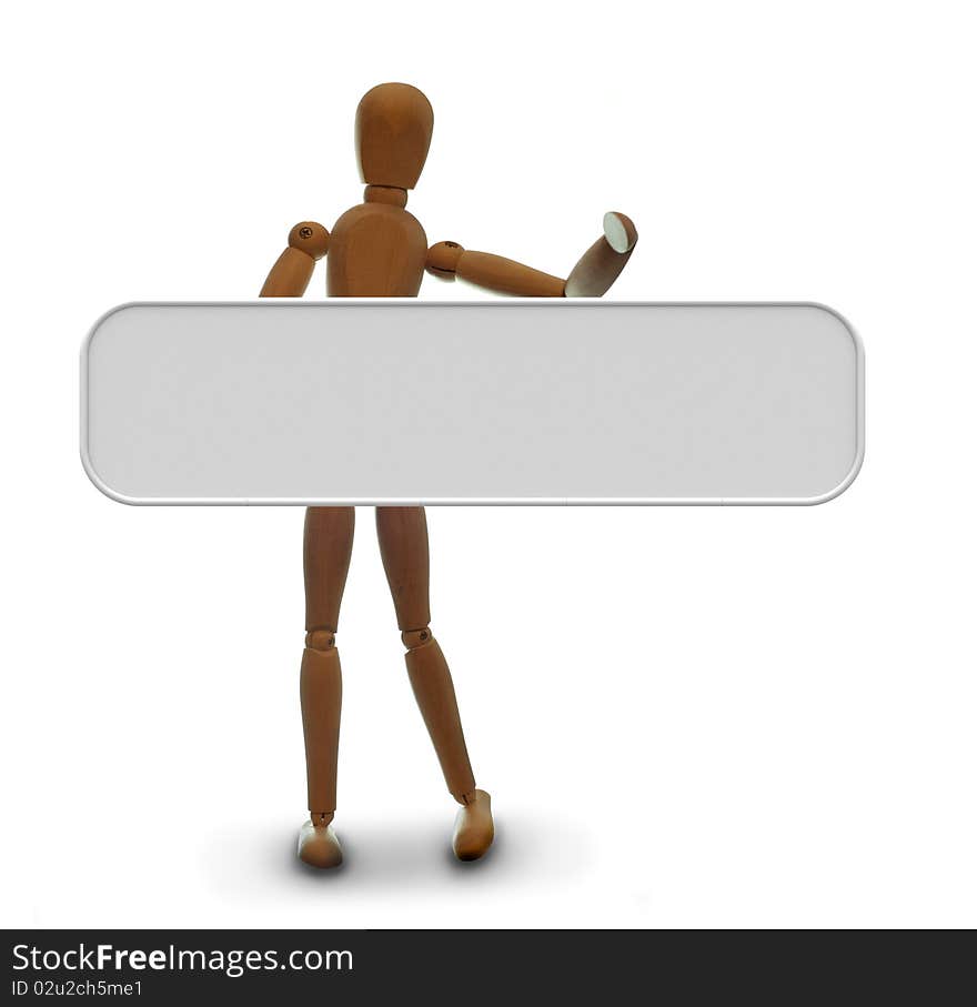 Wooden Mannequin holds a neutral grey blank board