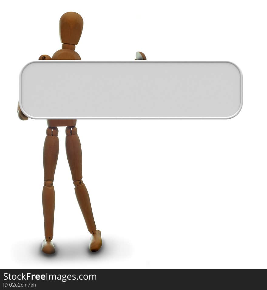 Wooden Mannequin holds a neutral grey blank board