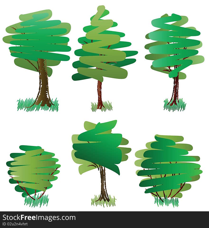 Six green deciduous trees