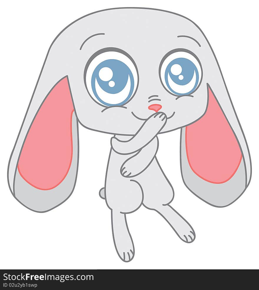 Cute cartoon grey rabbit looks to you.