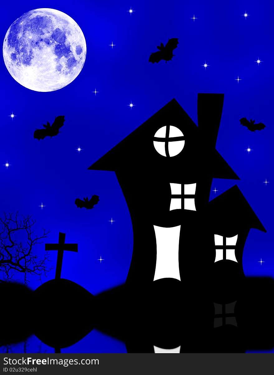 Halloween the house similar to a ghost and the moon over it