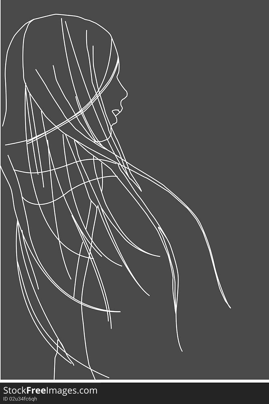 Line drawing of girl with flowing hair close up. Line drawing of girl with flowing hair close up