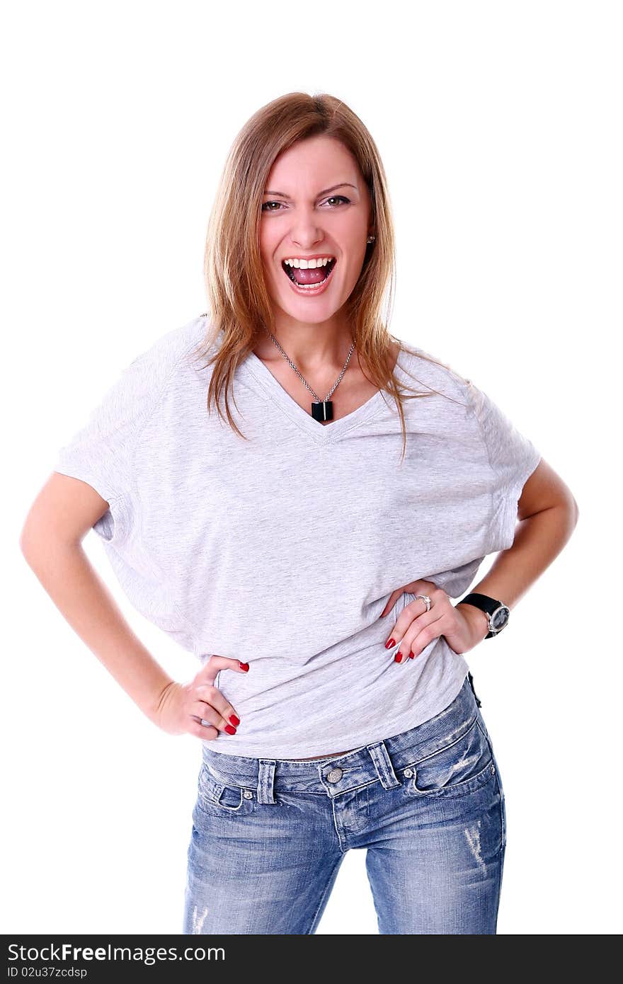 Closeup portrait of cute young girl smiling against white background