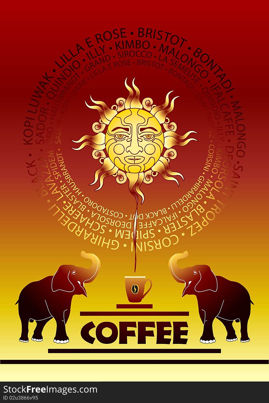 Composition from two elephants, a Sun and cups of coffee on a brown background. Composition from two elephants, a Sun and cups of coffee on a brown background