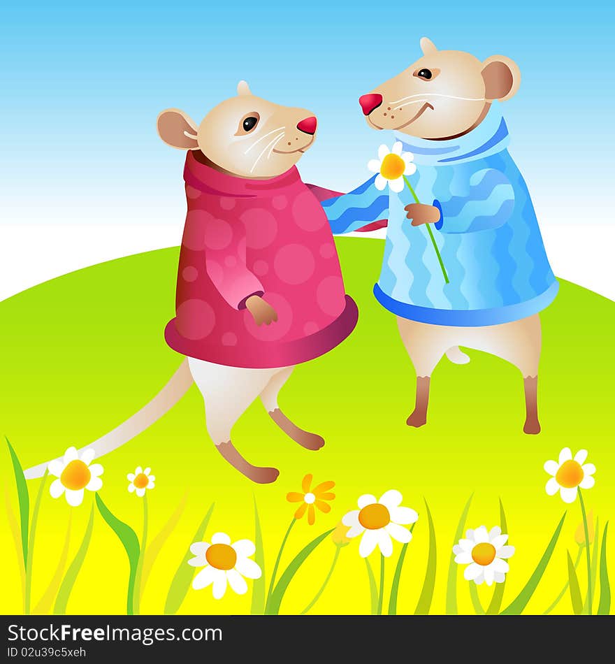 Two mouse with sweaters on a background sky and field with camomiles