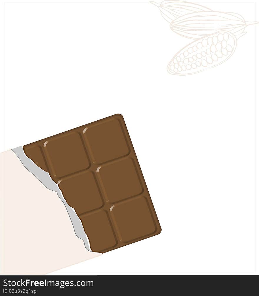 Chocolate in a wrapper on white and beans of cocoa as the background image