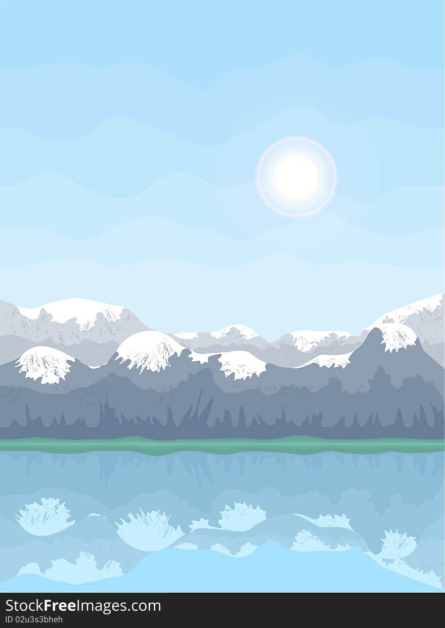 Landscape with lake in which mountain tops are reflected. Landscape with lake in which mountain tops are reflected