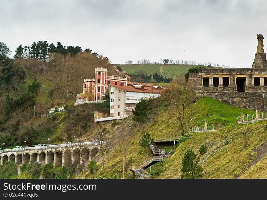 A historical and a modern buildings on outskirts of Getaria. A historical and a modern buildings on outskirts of Getaria