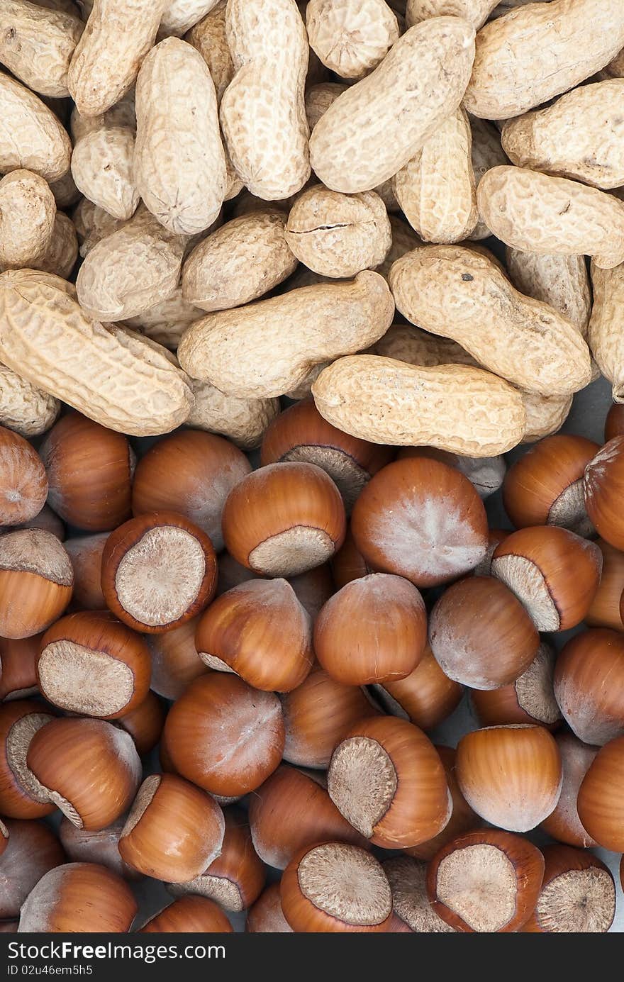 Composition from nuts on the white isolated background