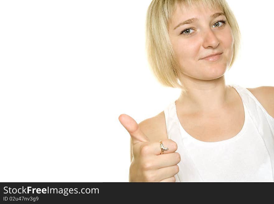 Young woman on white background. Thumb Up. Young woman on white background. Thumb Up