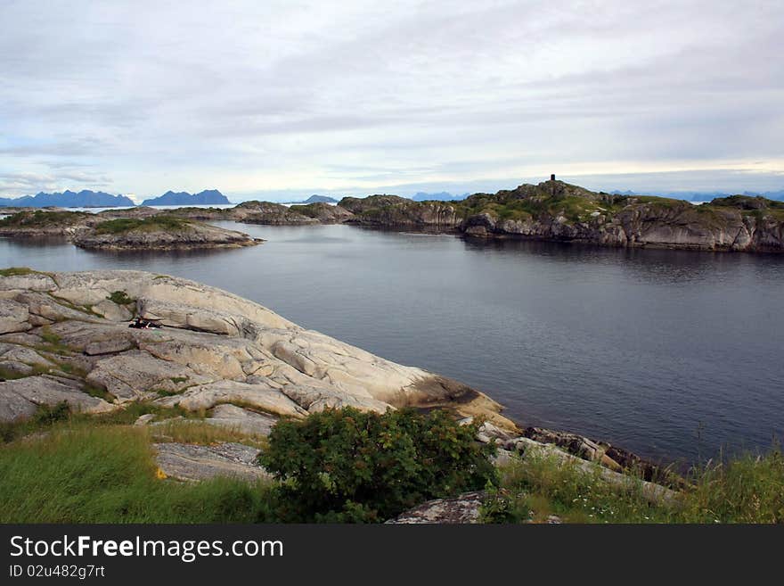 The view on the landscape near the Nenningsvaer city, Norway. The view on the landscape near the Nenningsvaer city, Norway