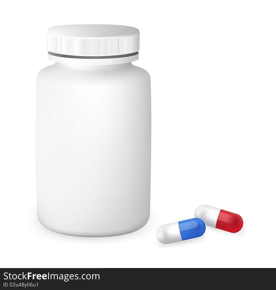 Container with pills isolated on white background. Container with pills isolated on white background.