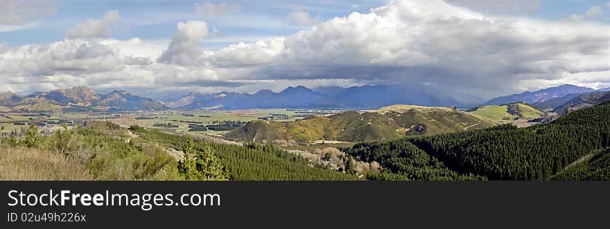 Panoramic image of taken from the mountain range at Hanmer Springs, New Zeland. The image is a composite of 18 portrait images. Panoramic image of taken from the mountain range at Hanmer Springs, New Zeland. The image is a composite of 18 portrait images.