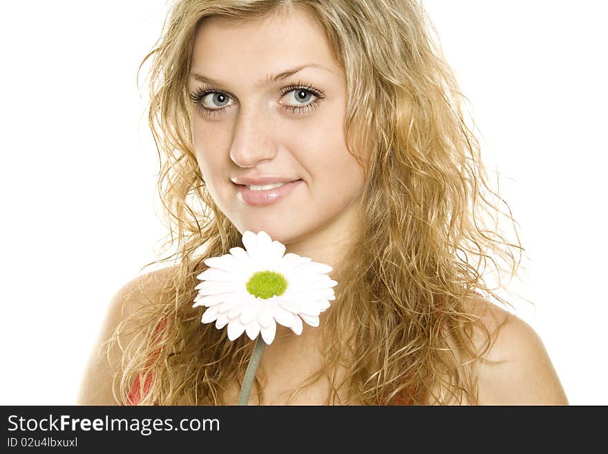 Portrait of Fresh and Beautiful woman with flower isolated on white. Portrait of Fresh and Beautiful woman with flower isolated on white