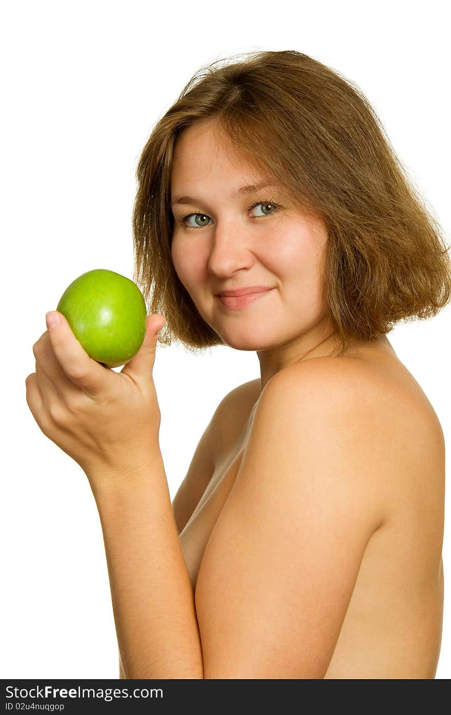 Adorable woman with green apple over white. Adorable woman with green apple over white