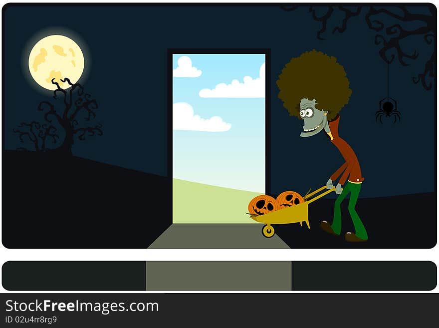 The zombie with the cart against a dark background. Vector illustration