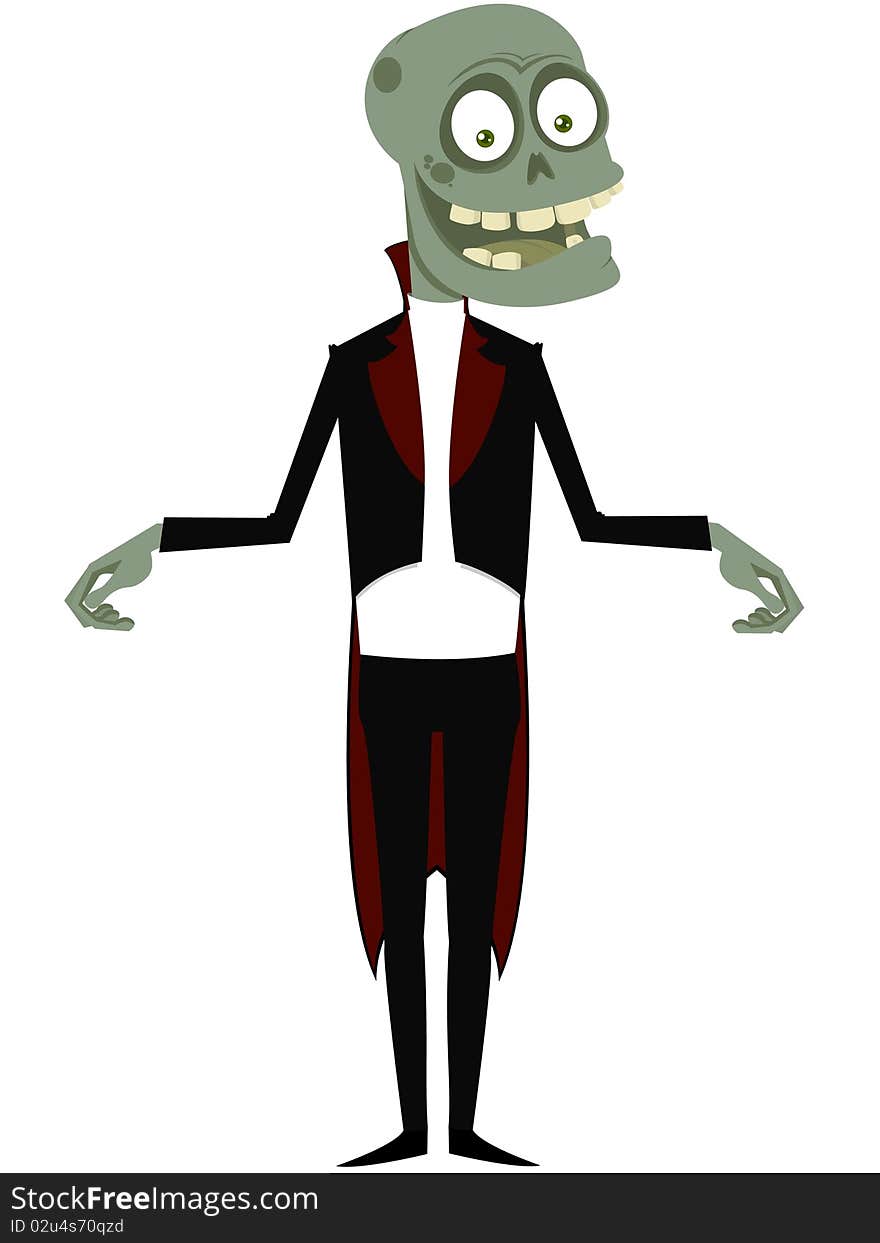 The amusing zombie in a black dress coat. Vector illustration