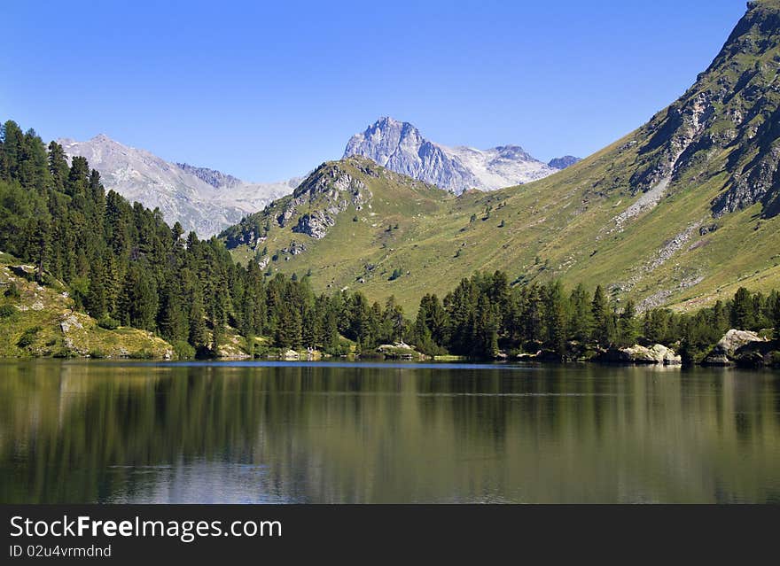 Alpine lake Cavloc Engadine in Switzerland