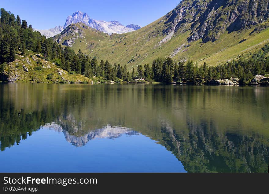 Alpine lake Cavloc Engadine in Switzerland