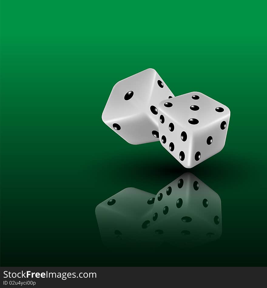 Two dices on green background with reflection, clip art illustration