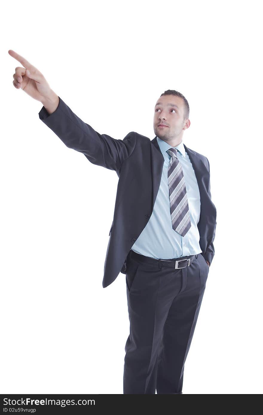 Young businessman pointing up