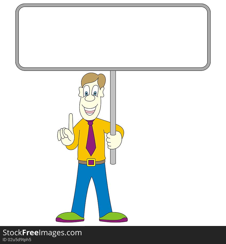 Illustration and caricature of man with blank billboard. Illustration and caricature of man with blank billboard