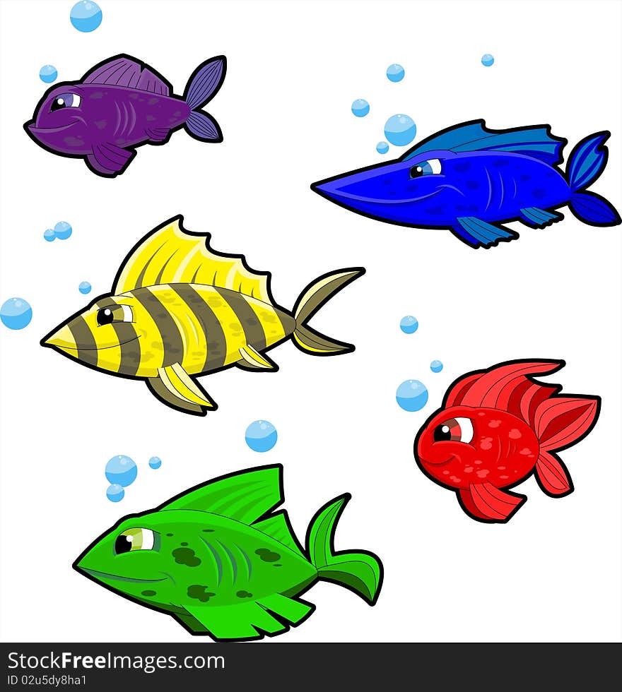 5 colorful cartoon fish with blue bubbles on white background. Separated into layers for easy editing. 5 colorful cartoon fish with blue bubbles on white background. Separated into layers for easy editing.