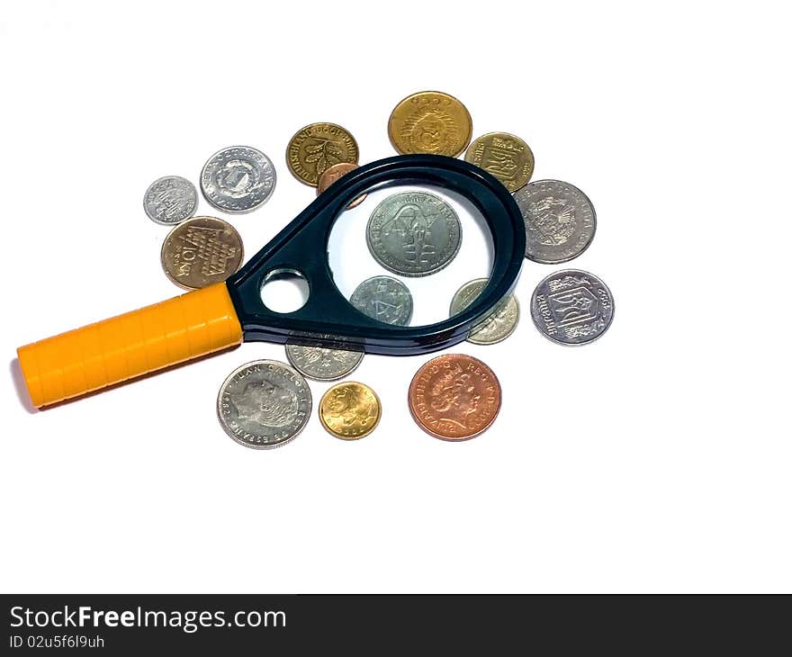 Coins on white history a magnifier of a hobby. Coins on white history a magnifier of a hobby