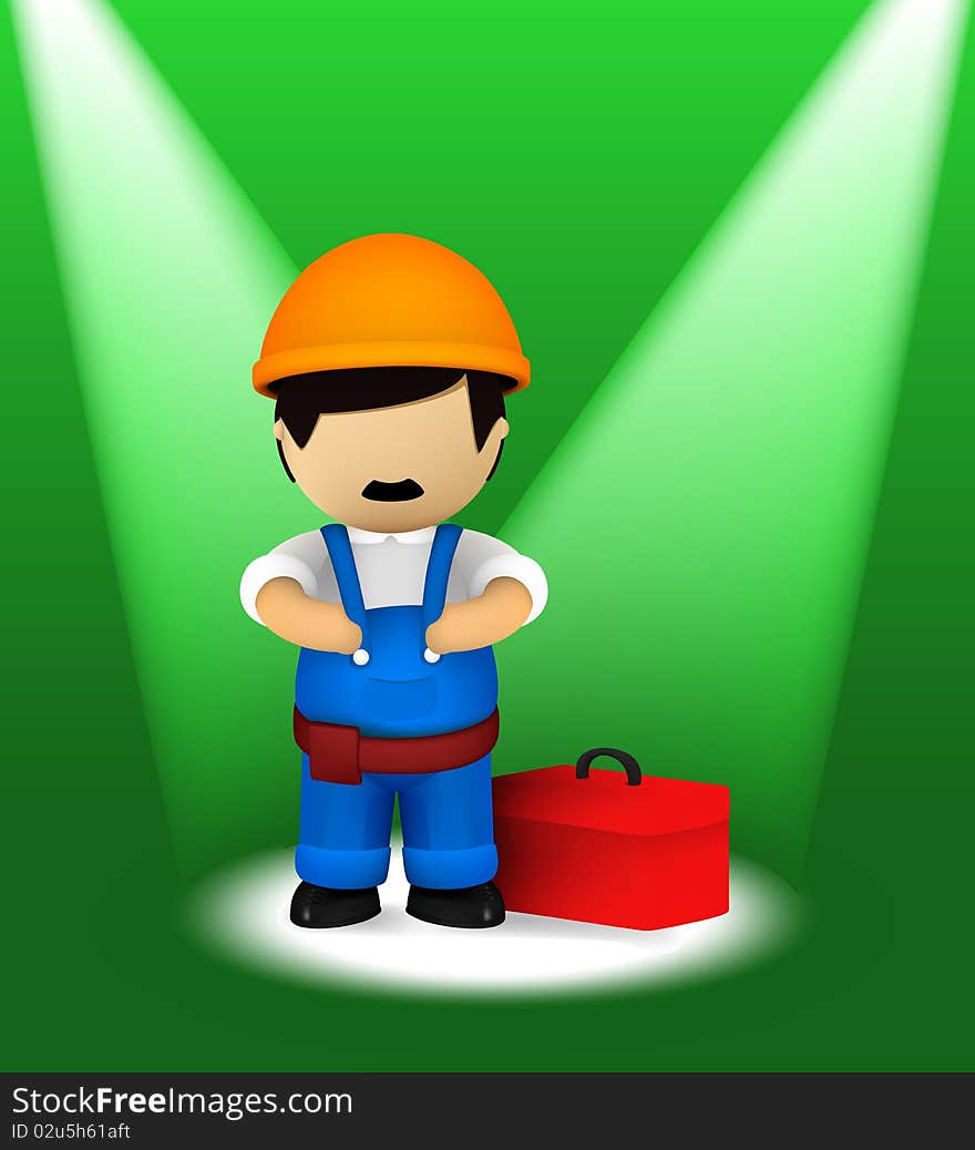 Repairman in the spotlights with green background. Repairman in the spotlights with green background